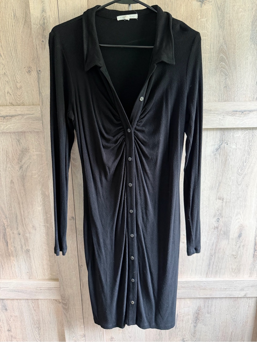 Long Sleeve Black Button-Front Dress with Twist Detail